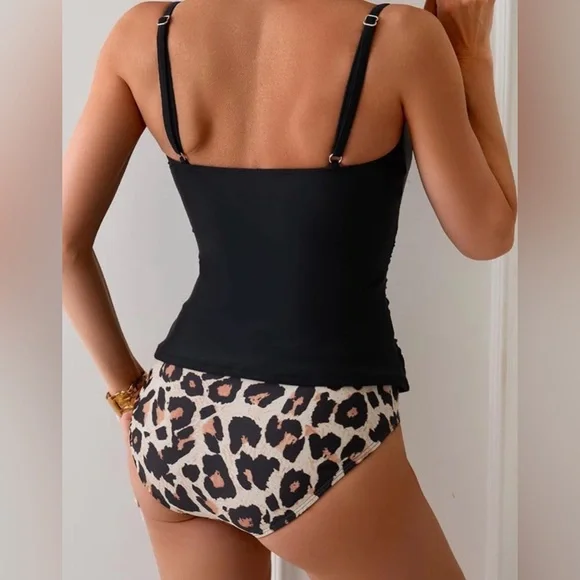 Eomenie Tankini Two Piece Tummy Control High Waist Full Coverage Slim XL Leopard - Picture 2 of 9